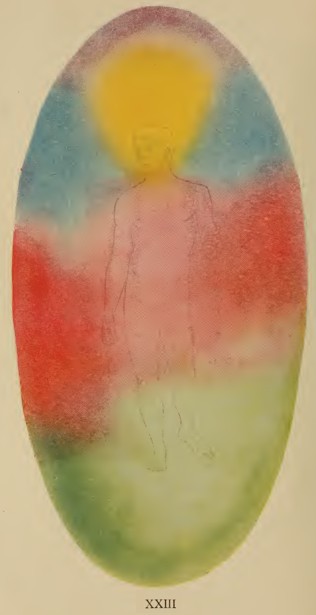 A painting of a person with a yellow sun
Description automatically generated
