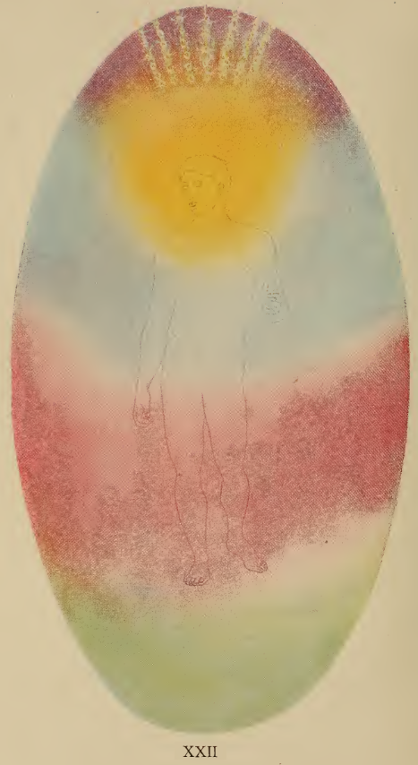 A painting of a person with a yellow sun
Description automatically generated