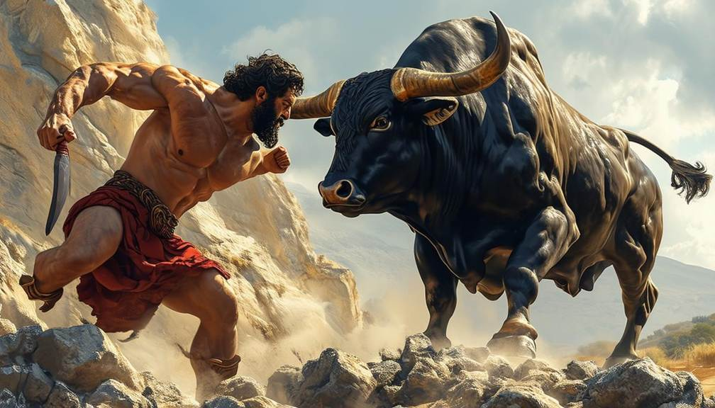 Hercules wrestling with the powerful Cretan Bull on a rocky Cretan landscape