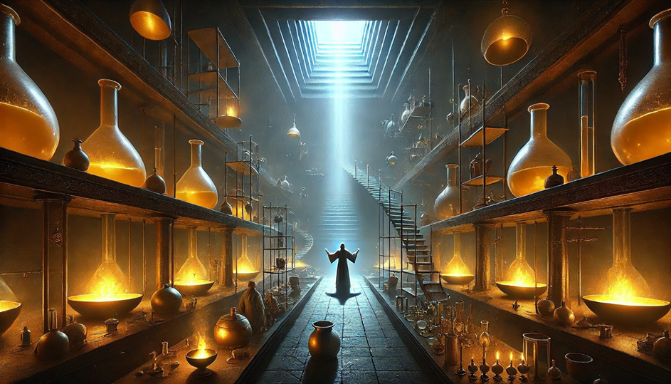 A room with many shelves and a person standing in front of a light



Description automatically generated